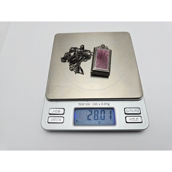 Vintage Art Deco Sterling Silver Black & Purple Enamel Pendant Watch Necklace - Picture 16 of 16